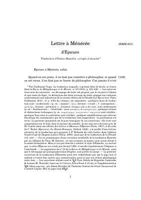 Couverture de Épicure - Lettre à Ménécée (trad. O. Hamelin et notes de G. Coqui)
